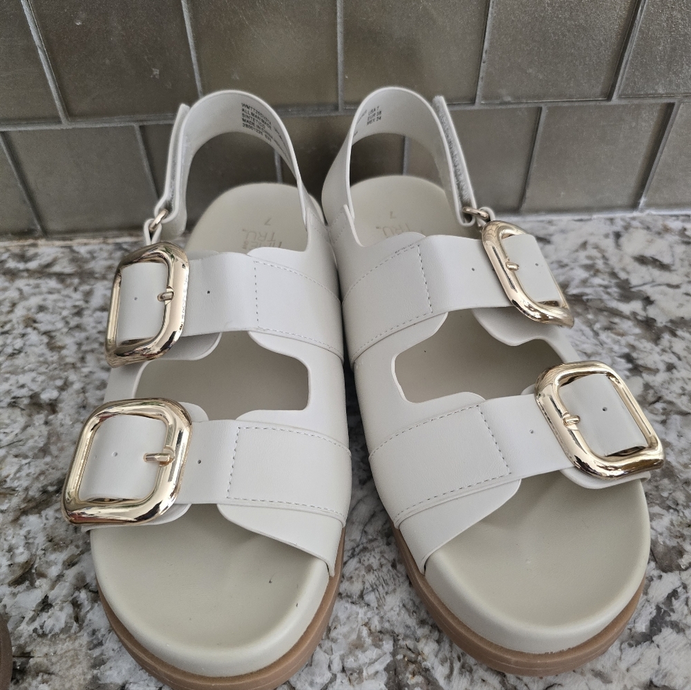 Time And Tru White Buckle Strap Sandals with Gold Hardware